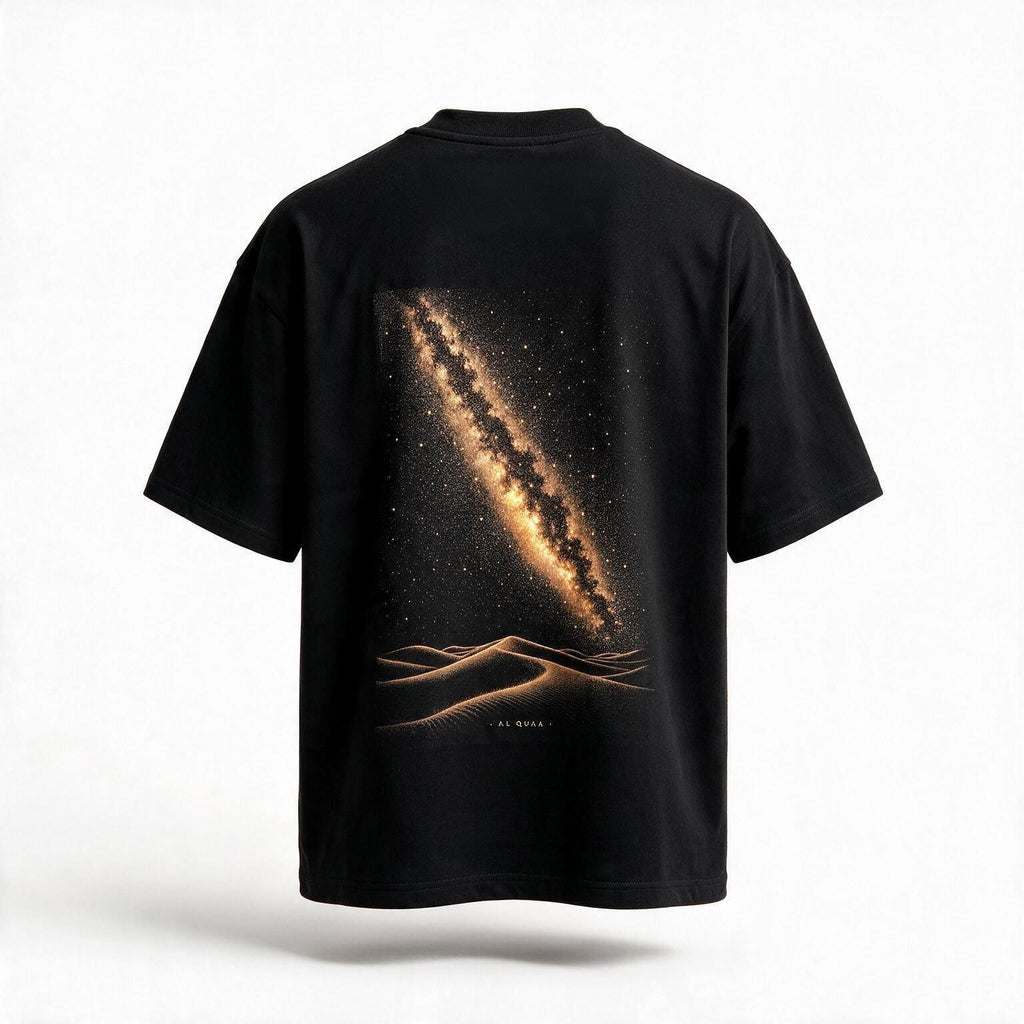 Al Quaa Galaxy Tee, oversized fit, back — the Milky Way rising over Al Quaa