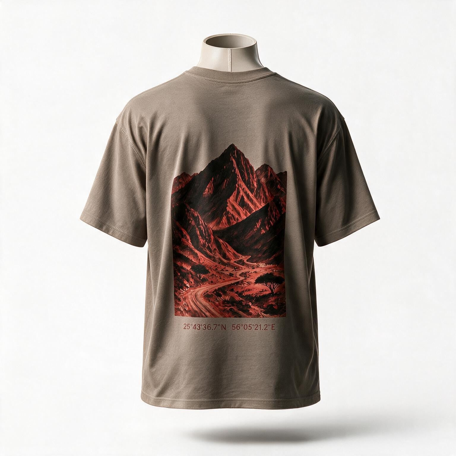 Hajar Mountains Tee, oversized fit, back — the red rock of the Hajar Mountains