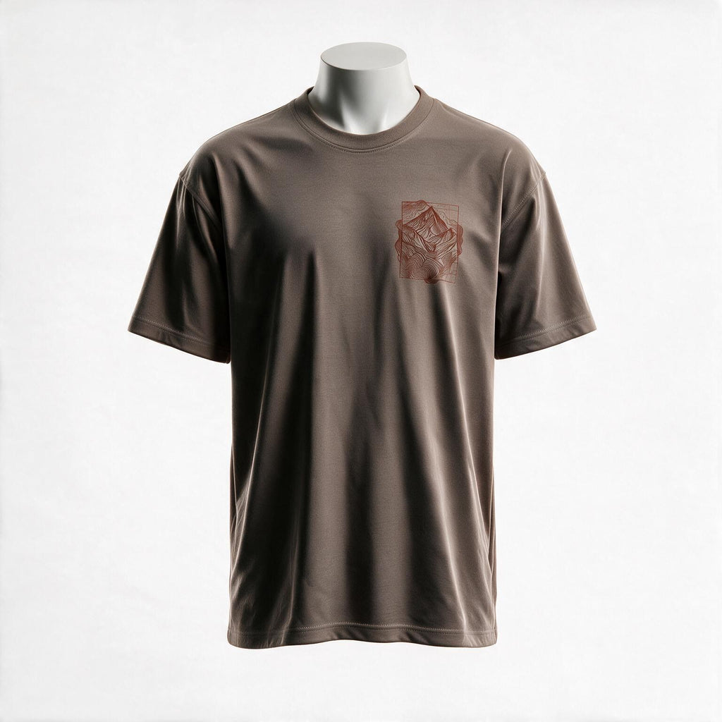 Hajar Mountains Tee, oversized fit, front — embroidered topographic logo on the chest