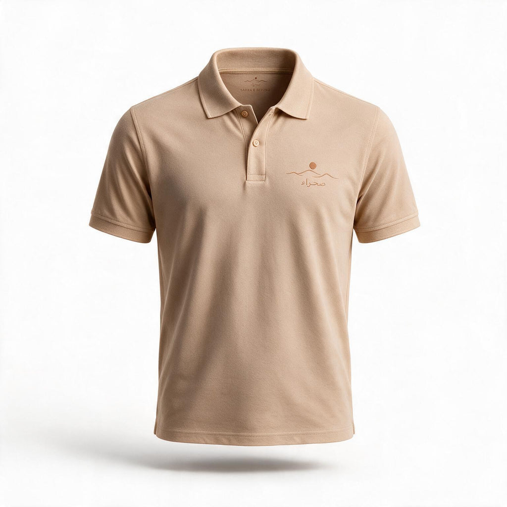 The Sahra Polo, front — embroidered logo on the chest, ribbed collar and placket