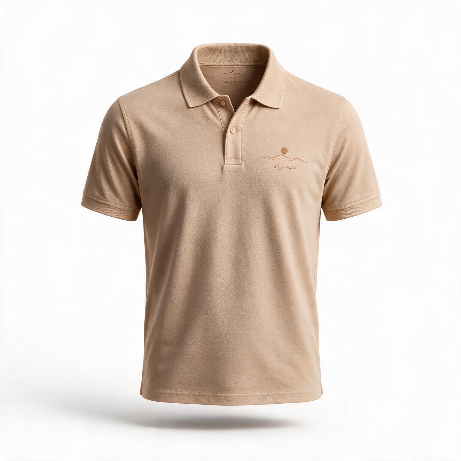 The Sahra Polo, front — embroidered logo on the chest, ribbed collar and placket